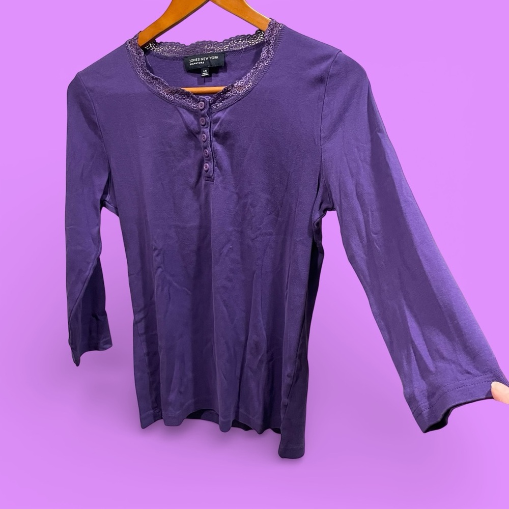 Cute cotton classic lace collar henley top soft 90s-Y2K Jones New York